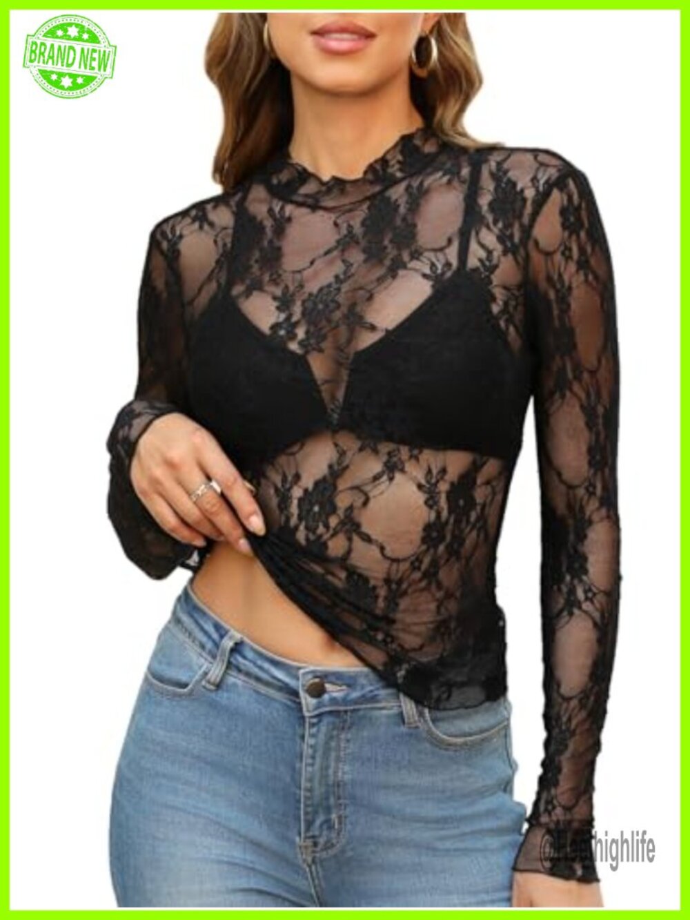 Women's Long Sleeve Sheer Mesh Blouse Mock Neck Lace See Through Party Top